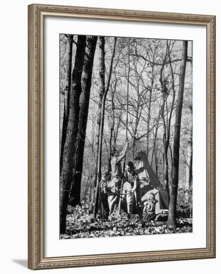 Dr. Liane Russell Camping with Husband Bill and Children in Woods Near their Home-Margaret Bourke-White-Framed Photographic Print