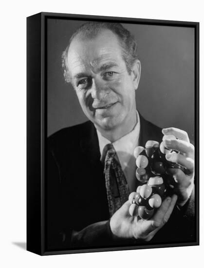 Dr. Linus Pauling Holding a Wooden Model of the Molecular Structure of Protein-Ralph Morse-Framed Premier Image Canvas