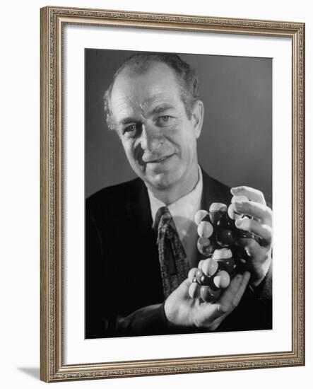 Dr. Linus Pauling Holding a Wooden Model of the Molecular Structure of Protein-Ralph Morse-Framed Premium Photographic Print