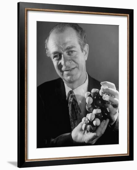 Dr. Linus Pauling Holding a Wooden Model of the Molecular Structure of Protein-Ralph Morse-Framed Premium Photographic Print