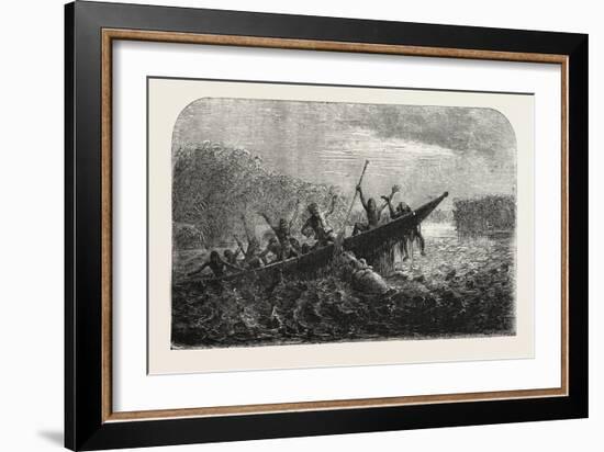 Dr. Livingstone's Missionary Travels and Researchers in South Africa: Boat Capsized by a Hippopotam-null-Framed Giclee Print