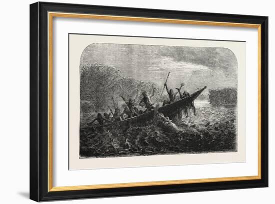 Dr. Livingstone's Missionary Travels and Researchers in South Africa: Boat Capsized by a Hippopotam-null-Framed Giclee Print