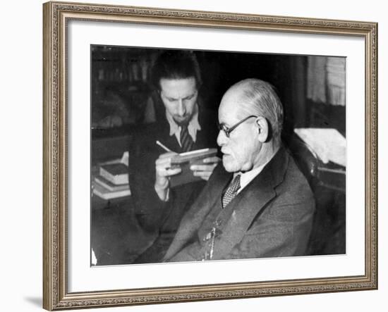 Dr. Sigmund Freud, Father of Psychoanalysis, Sitting with Man Who Is Taking Notes-null-Framed Premium Photographic Print