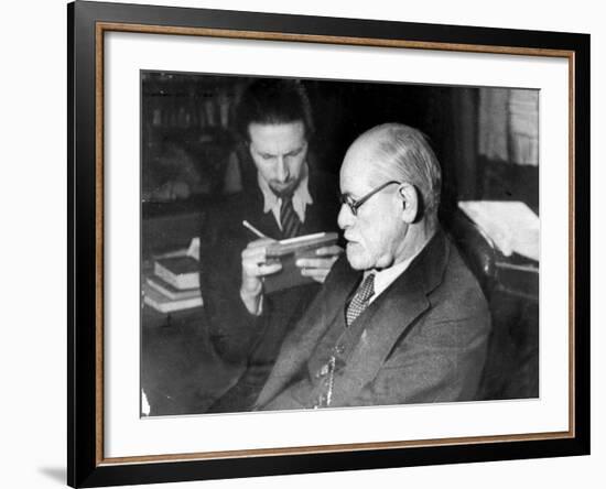 Dr. Sigmund Freud, Father of Psychoanalysis, Sitting with Man Who Is Taking Notes-null-Framed Premium Photographic Print