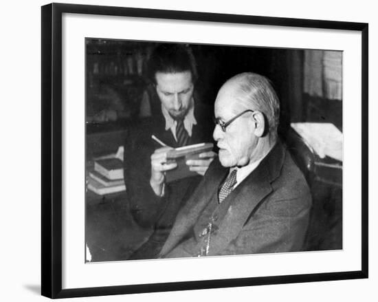 Dr. Sigmund Freud, Father of Psychoanalysis, Sitting with Man Who Is Taking Notes-null-Framed Premium Photographic Print