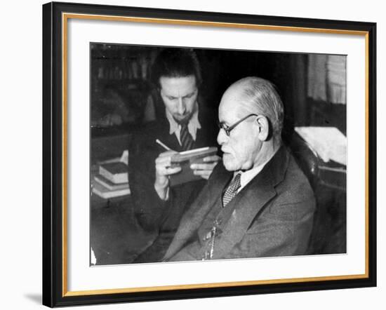 Dr. Sigmund Freud, Father of Psychoanalysis, Sitting with Man Who Is Taking Notes-null-Framed Premium Photographic Print