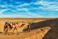 Travel Background - Two Cameleers (Camel Drivers) with Camels Silhouettes in Dunes of Desert on Sun-DR Travel Photo and Video-Photographic Print