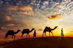 Rajasthan Travel Background - India Cameleer (Camel Driver) with Camels in Dunes of Thar Desert. Ja-DR Travel Photo and Video-Framed Photographic Print