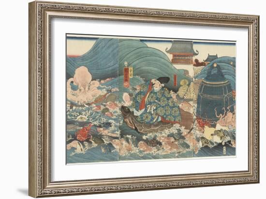 Dragon God Rewarding Hidesato with Three Gifts, April 1858-Utagawa Kuniyoshi-Framed Giclee Print