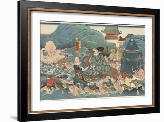 Dragon God Rewarding Hidesato with Three Gifts, April 1858-Utagawa Kuniyoshi-Framed Giclee Print