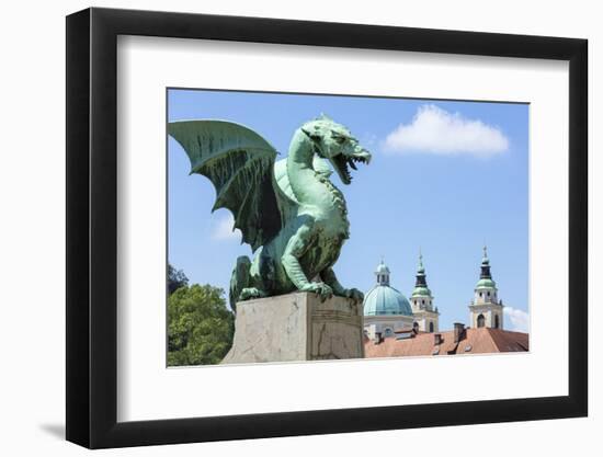 Dragon statue on the Dragon Bridge (Zmajski most) in front of the Ljubljana Cathedral, Slovenia-Neale Clark-Framed Photographic Print