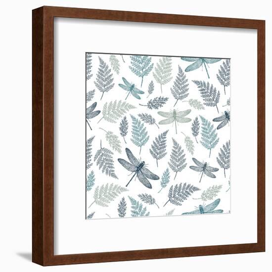 Dragonfly Seamless Pattern. Fern Botanical Background. Vector Illustration-adehoidar-Framed Art Print