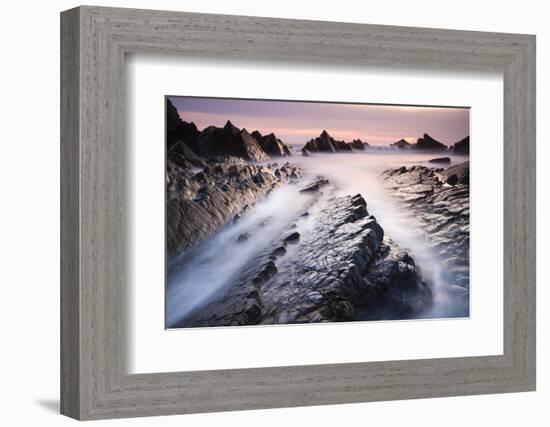 Dramatic coastal scenery at sunset, Hartland Quay, Devon, England. Spring (April) 2010.-Adam Burton-Framed Photographic Print