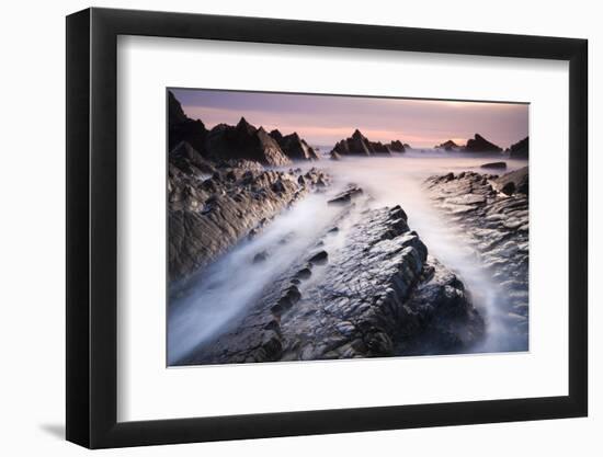 Dramatic coastal scenery at sunset, Hartland Quay, Devon, England. Spring (April) 2010.-Adam Burton-Framed Photographic Print