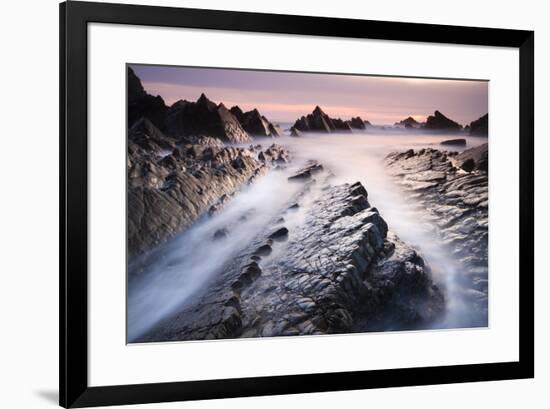 Dramatic coastal scenery at sunset, Hartland Quay, Devon, England. Spring (April) 2010.-Adam Burton-Framed Photographic Print