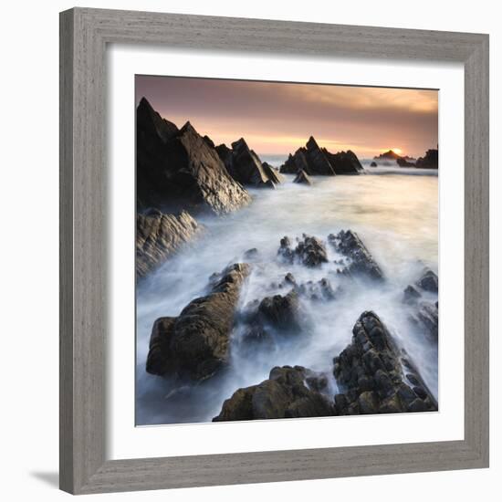 Dramatic coastal scenery at sunset, Hartland Quay, North Devon, England. Spring (April) 2010.-Adam Burton-Framed Photographic Print