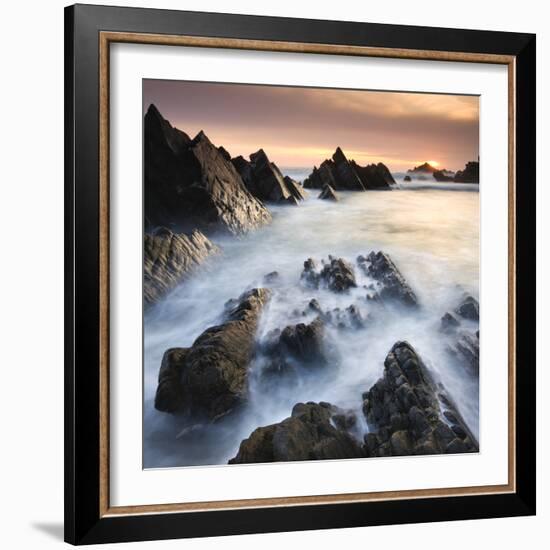 Dramatic coastal scenery at sunset, Hartland Quay, North Devon, England. Spring (April) 2010.-Adam Burton-Framed Photographic Print