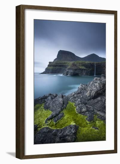 Dramatic Coastline and Waterfall at Gasadalur on the Island of Vagar, Faroe Islands. Spring-Adam Burton-Framed Photographic Print
