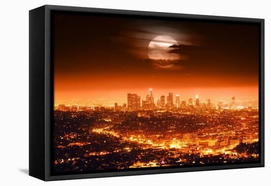 Dramatic Full Moon over Los Angeles Skyline at Night.-logoboom-Framed Premier Image Canvas