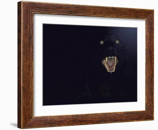 Dramatic of Black Panther, Camouflaged by Darkness, with Eyes and Open Mouth Visible-John Dominis-Framed Photographic Print