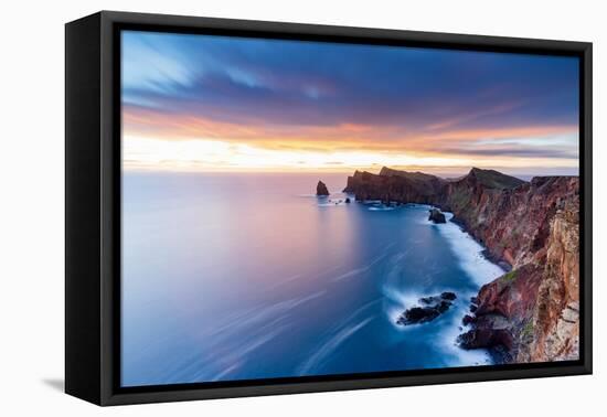 Dramatic sky at dawn on cliffs washed by ocean from Ponta Do Rosto viewpoint-Roberto Moiola-Framed Premier Image Canvas