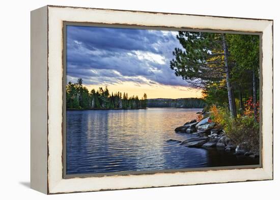 Dramatic Sunset and Pines at Lake of Two Rivers in Algonquin Park, Ontario, Canada-elenathewise-Framed Premier Image Canvas