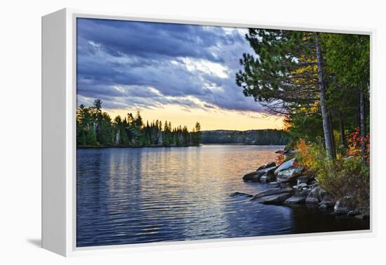 Dramatic Sunset and Pines at Lake of Two Rivers in Algonquin Park, Ontario, Canada-elenathewise-Framed Premier Image Canvas