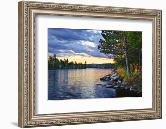 Dramatic Sunset and Pines at Lake of Two Rivers in Algonquin Park, Ontario, Canada-elenathewise-Framed Photographic Print