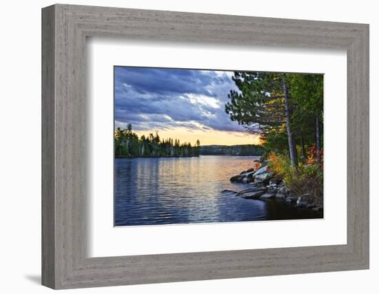 Dramatic Sunset and Pines at Lake of Two Rivers in Algonquin Park, Ontario, Canada-elenathewise-Framed Photographic Print