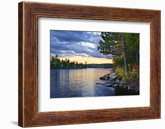 Dramatic Sunset and Pines at Lake of Two Rivers in Algonquin Park, Ontario, Canada-elenathewise-Framed Photographic Print