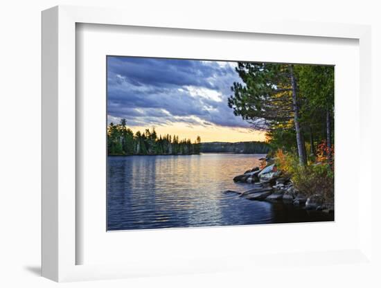 Dramatic Sunset and Pines at Lake of Two Rivers in Algonquin Park, Ontario, Canada-elenathewise-Framed Photographic Print