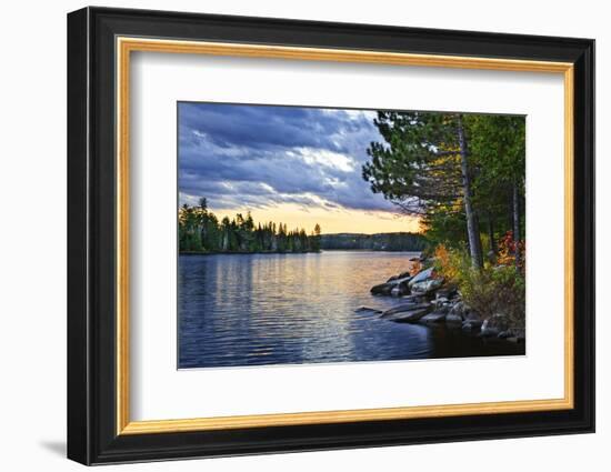 Dramatic Sunset and Pines at Lake of Two Rivers in Algonquin Park, Ontario, Canada-elenathewise-Framed Photographic Print