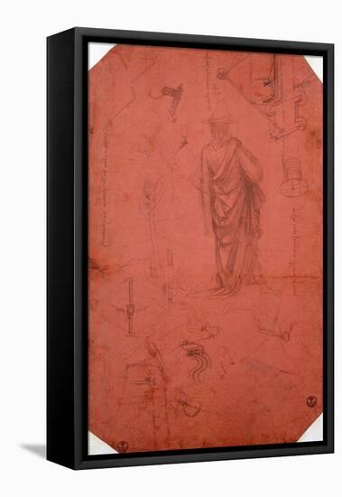 Draped Male Figure, Profiles, Gears for Flying Machine-Leonardo da Vinci-Framed Premier Image Canvas