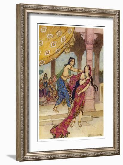 Draupadi the Polyandrous Wife of the Katava Brothers is Attacked by Prince Duhsasana-Warwick Goble-Framed Art Print