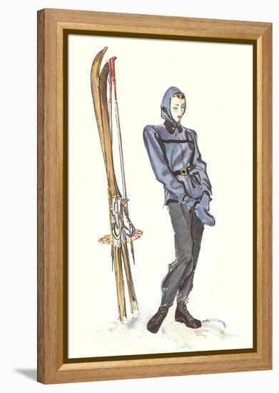 Drawing of Lady with Skis-null-Framed Stretched Canvas