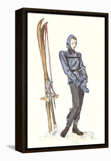 Drawing of Lady with Skis-null-Framed Stretched Canvas