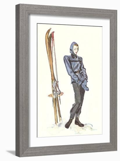 Drawing of Lady with Skis-null-Framed Art Print