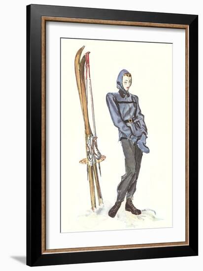 Drawing of Lady with Skis-null-Framed Art Print