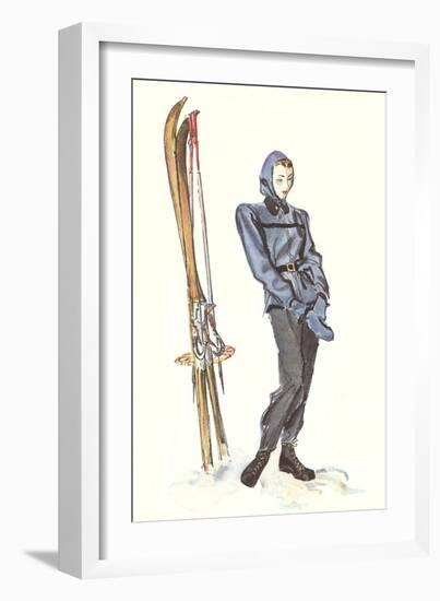 Drawing of Lady with Skis-null-Framed Art Print