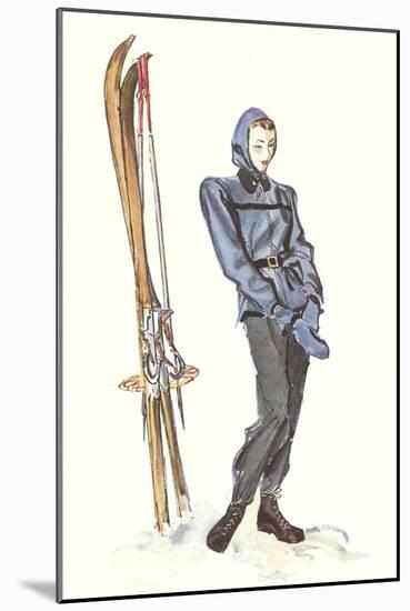 Drawing of Lady with Skis-null-Mounted Art Print
