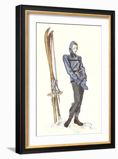 Drawing of Lady with Skis-null-Framed Art Print