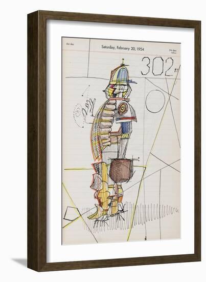 Drawing of male figure in baseball attire on calendar page. - New Yorker Cartoon-Saul Steinberg-Framed Premium Giclee Print