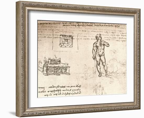 Drawing of plans for a castle, and of a nude figure, washed with Indian ink, c1472-c1519 (1883)-Leonardo Da Vinci-Framed Giclee Print