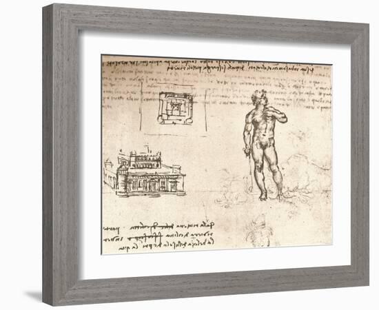 Drawing of plans for a castle, and of a nude figure, washed with Indian ink, c1472-c1519 (1883)-Leonardo Da Vinci-Framed Giclee Print