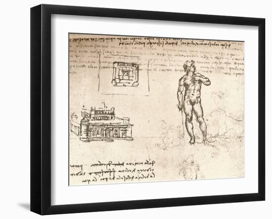 Drawing of plans for a castle, and of a nude figure, washed with Indian ink, c1472-c1519 (1883)-Leonardo Da Vinci-Framed Giclee Print