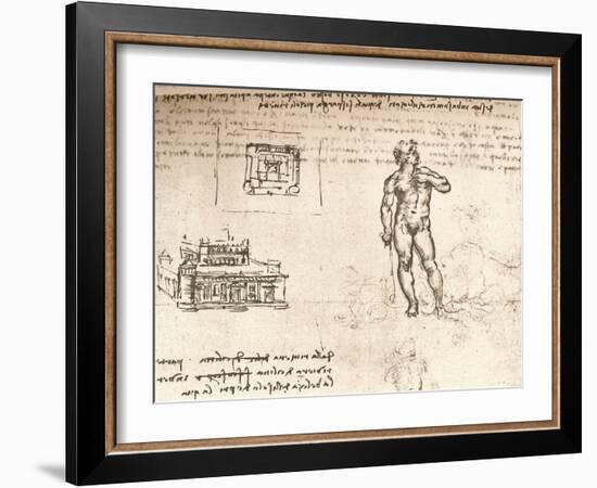 Drawing of plans for a castle, and of a nude figure, washed with Indian ink, c1472-c1519 (1883)-Leonardo Da Vinci-Framed Giclee Print