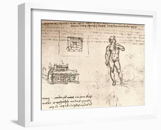 Drawing of plans for a castle, and of a nude figure, washed with Indian ink, c1472-c1519 (1883)-Leonardo Da Vinci-Framed Giclee Print