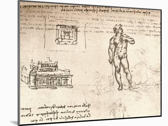 Drawing of plans for a castle, and of a nude figure, washed with Indian ink, c1472-c1519 (1883)-Leonardo Da Vinci-Mounted Giclee Print