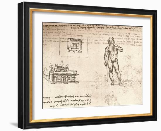 Drawing of plans for a castle, and of a nude figure, washed with Indian ink, c1472-c1519 (1883)-Leonardo Da Vinci-Framed Giclee Print