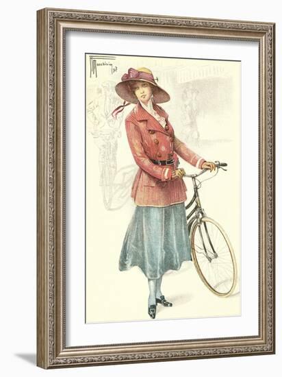 Drawing of Woman with Bicycle-null-Framed Art Print